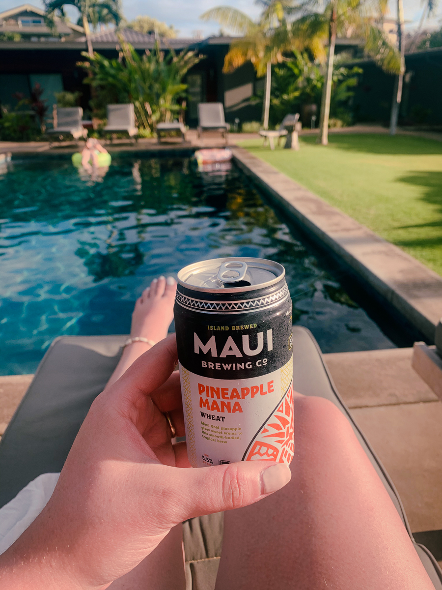 Maui Brewing Company Peach Mana beer by pool
