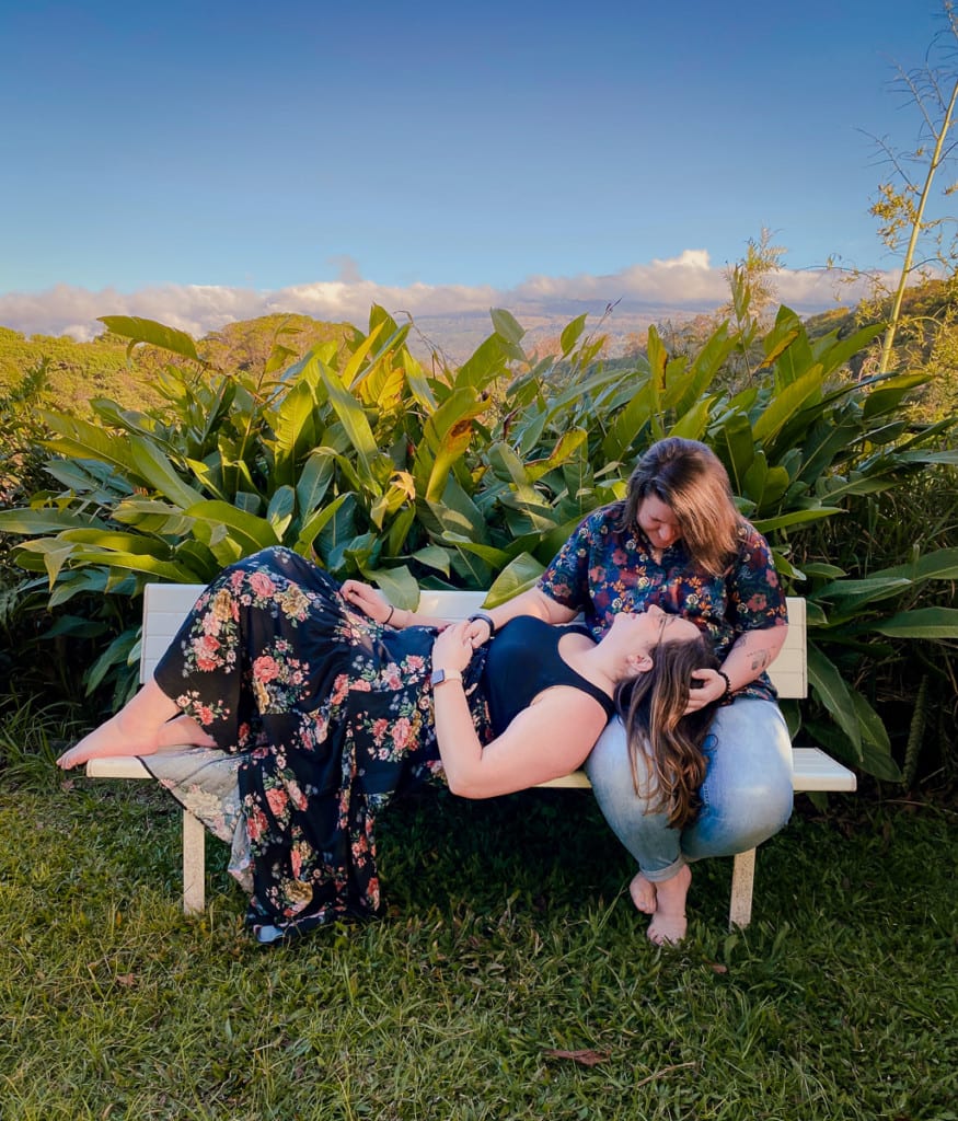 Two women on bench in upcountry maui