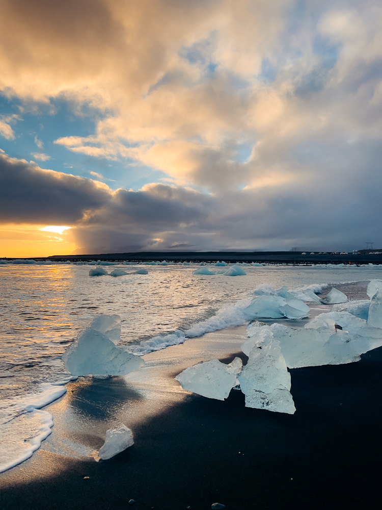 Sunset at Diamond beach on Iceland five day ring road itinerary